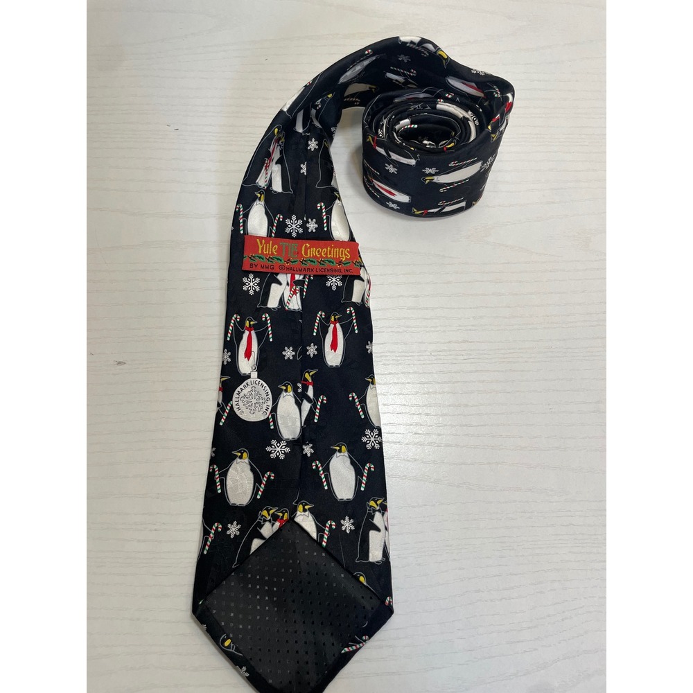 Yule Tie Greetings Penguin Candy Cane Christmas Silk Necktie Men - Picture 3 of 7